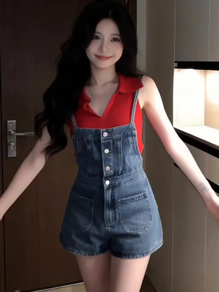 Women's Denim Shortalls Belted Strap-On Jeans High Waist Wide Leg Summer Shorts One-Piece Hot Pants Loose Fit Slimming
