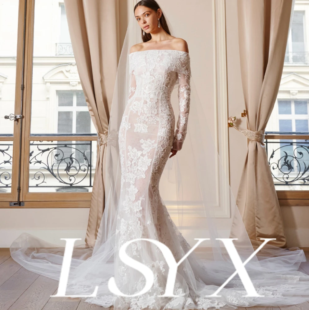 LSYX ชุดแต่งงานเจ้าสาวแบบเปิดไหล่แขนยาวลูกไม้ปักลายนางเงือกซิลลูเอทปุ่มด้านหลังแบบถอดได้