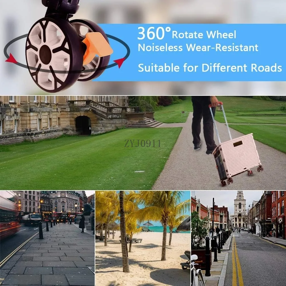 FELICON SELORSS Foldable Utility Cart Folding Portable Rolling Crate Handcart with Durable Heavy Duty Plastic Telescoping Handle