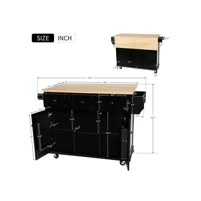 عربة مطبخ بأوراق شجر مع سطح من الخشب المطاطي، ورفوف تخزين داخلية، و5 عجلات، وخزانة تخزين و3 أدراج لغرفة الطعام، #6