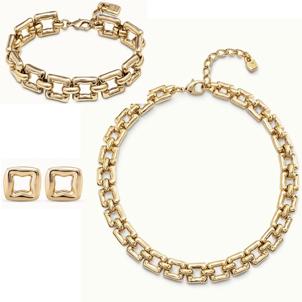 Moto neutral punk style metallic gold square chain link jewelry three piece set couple accessories give friends party gifts