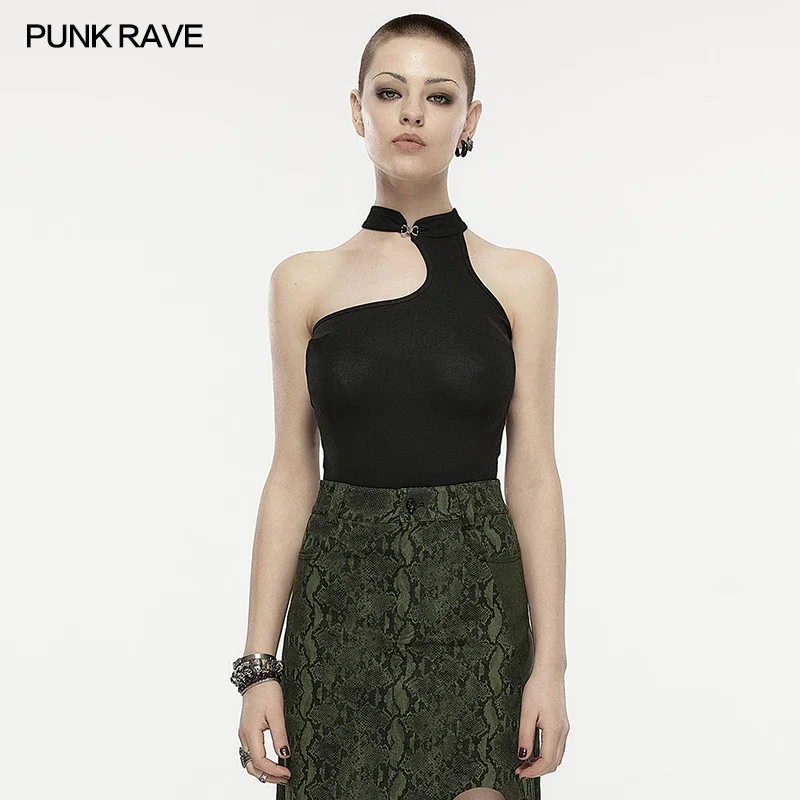 PUNK RAVE Women's Chinese Style Asymmetrical U-shaped Split T-shirt Punk Daily Sewn Metal Buckle Sexy Black Tops Summer