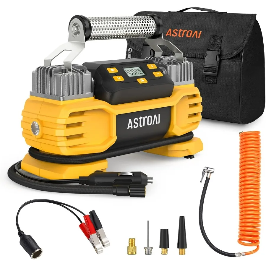 

Portable 160 PSI DC Heavy Duty Tire Inflator Pump 12V Air Compressor with Screen Dual Cylinders Dual Motors Yellow for SUVs RVs