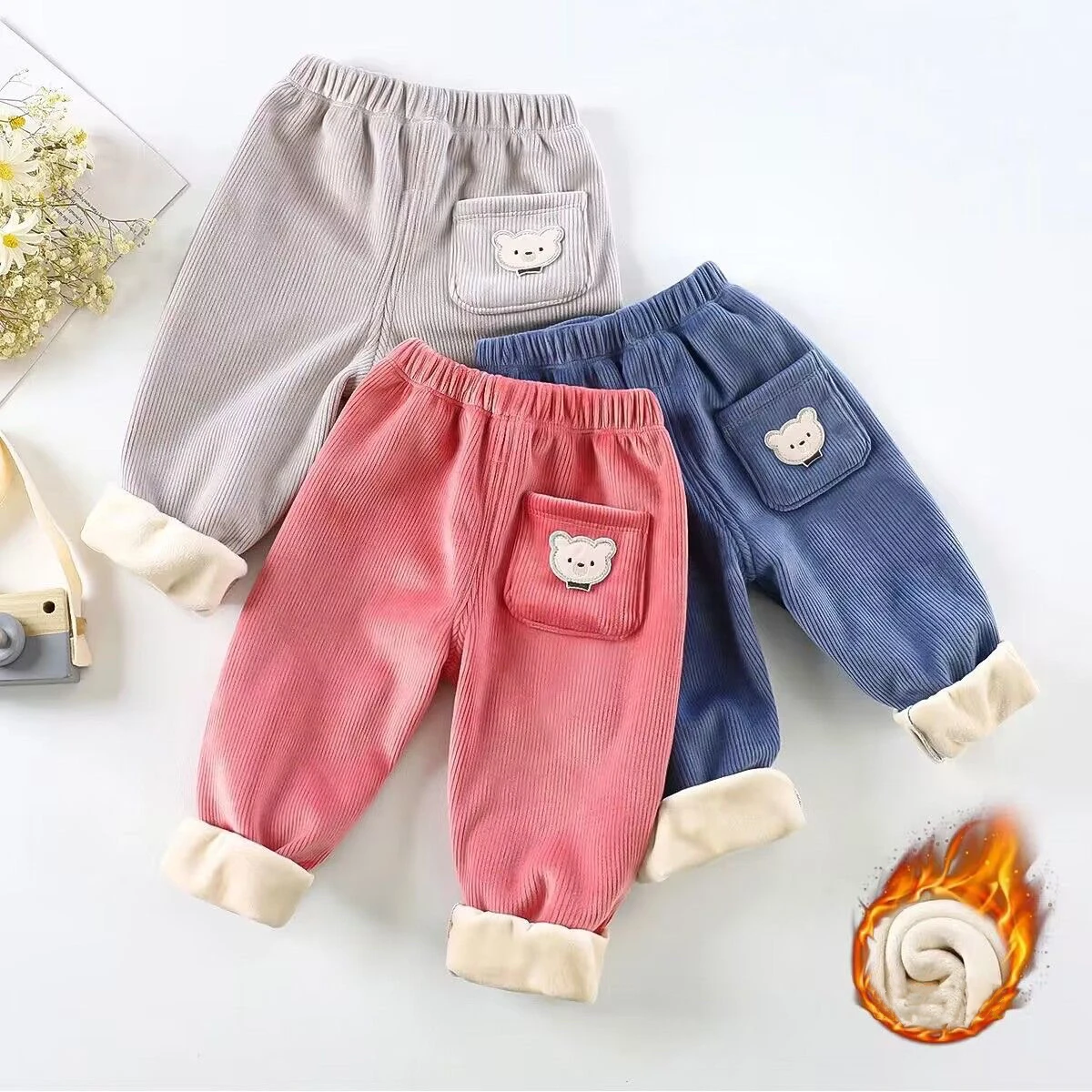 1pcs Boy Girl Winter Velvet Corduroy Kids Pants Little Bear Cartoon Mid Waist Warm Pantalones Baggy Thick Plush Children Trouser