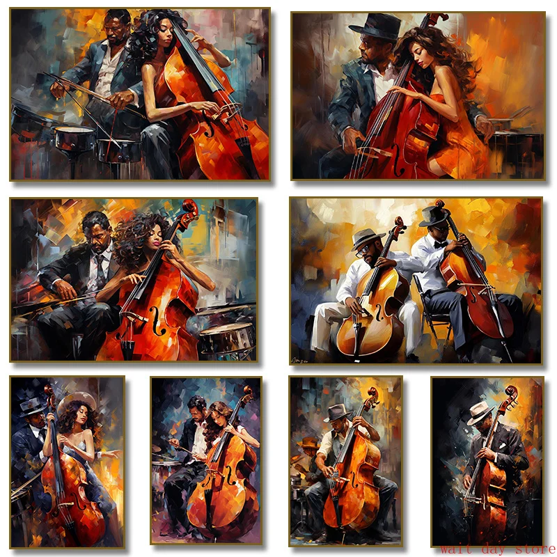 Jazz Band Man Play Cello Poster Canvas Painting Print Music Themed Musicians for Living Room Home Decor Cuadros