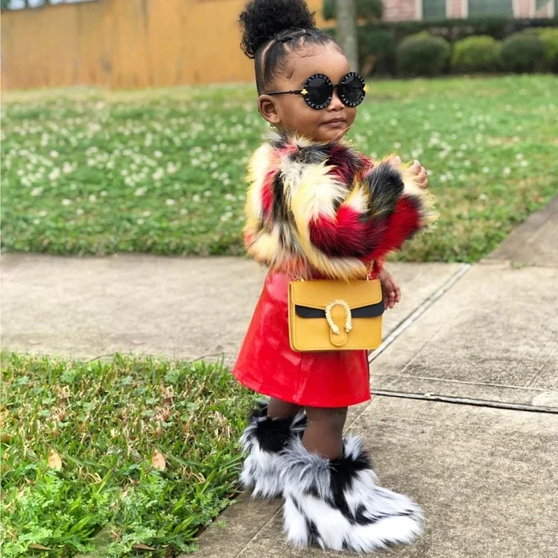 2025 New Kids winter New faux fur toddler girl boots fashion colorful fluffy plush children ankle snow boots warm girls shoes