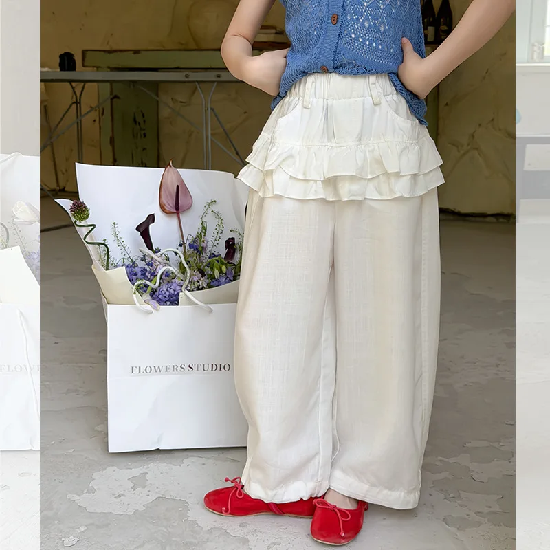 Girls' pants, children's sweet fake two-piece layered feeling, lightweight, breathable, fashionable lace curtain skirt pants