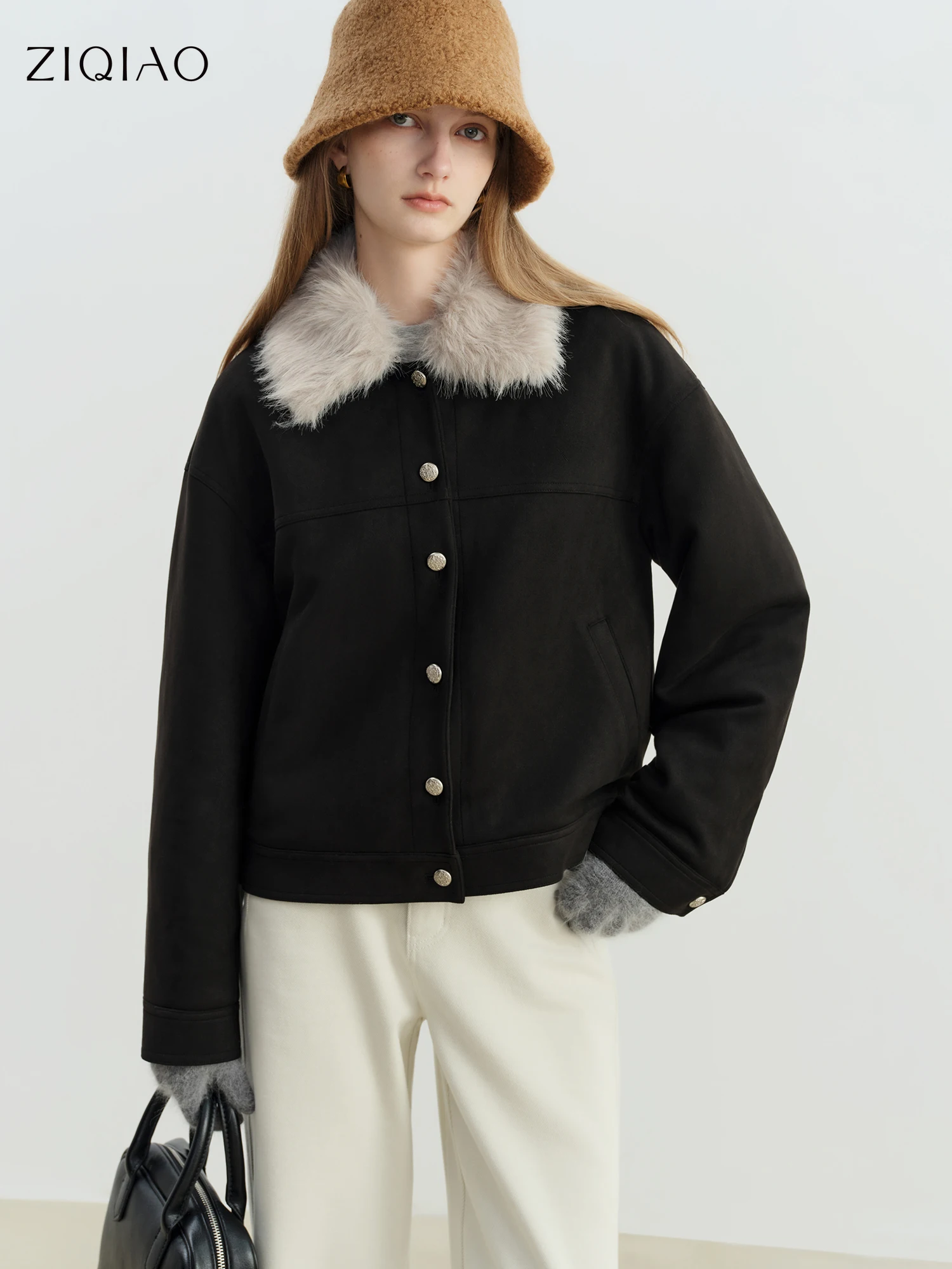 ZIQIAO Petite Women's Imitation Fox Fur Collar Faux Deerhide Down Coat 2025 Winter New Arrival Warm Stand Up Collar Outerwear