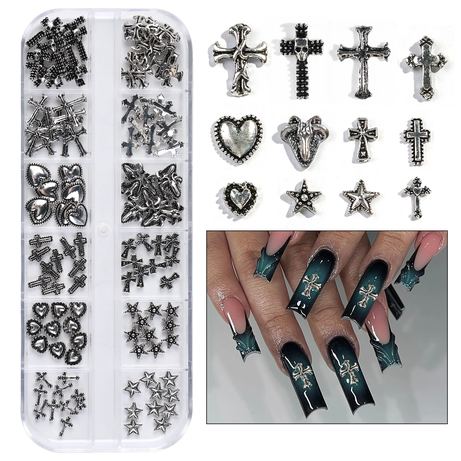 12 Gothic Punk Retro Dark Nail Jewellery 3D Cross Heart Devil Angel Nail Rhinestone Accessories DIY Glamour Nail Decoration