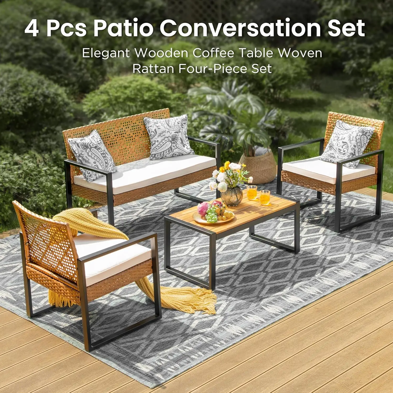 Rattan and Acacia Wood Beige Patio Furniture Set for Deck, Yard, Porch - 4 Piece Modern Sectional Conversation Sofa Set