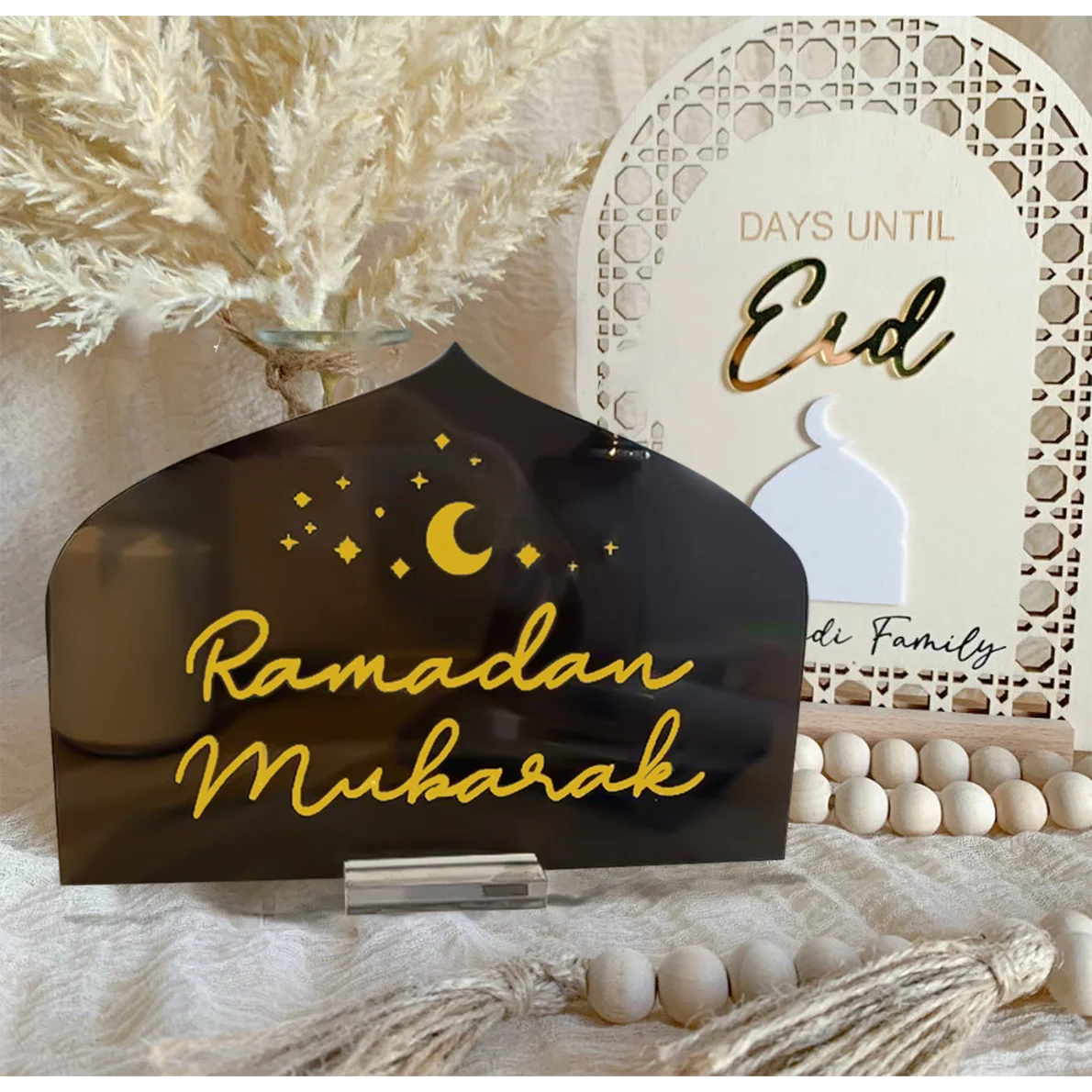 1pc Ramadan Mubarak Table Sign Black/Gold Ramadan Decor Eid Mubarak Ramadan Kareem Home Table Centerpiece Tabletop Decoration