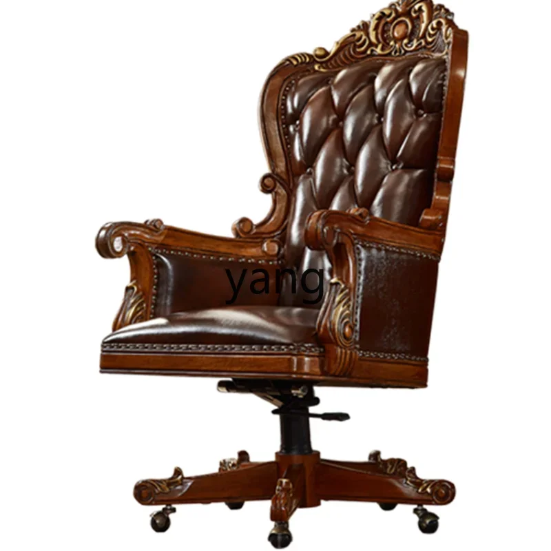 Yjq Leather Boss Rotating Cow Book Office Chair Solid Wood