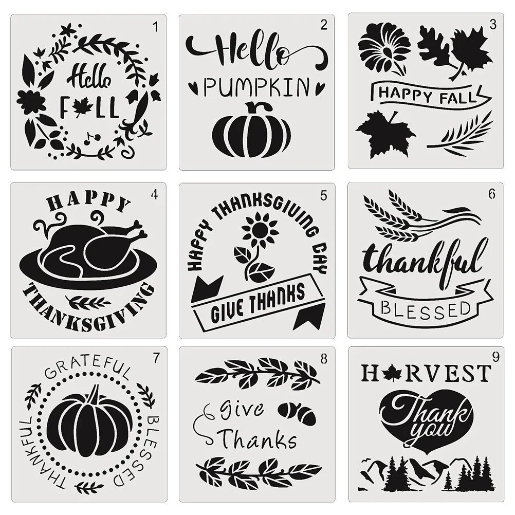 9 Pcs Thanksgiving Hollow Out Mold Stencils DIY Template Painting Drawing Fall White