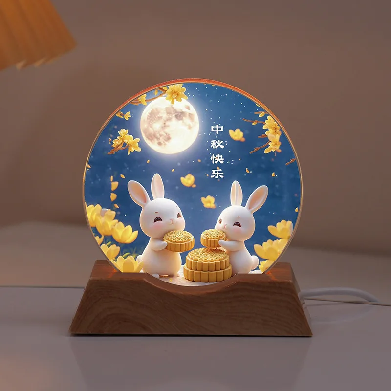 3D Moon Rabbit Night Light UV Printing Crystal LED Lamp Bedroom Decoration Desktop Ornament Gift