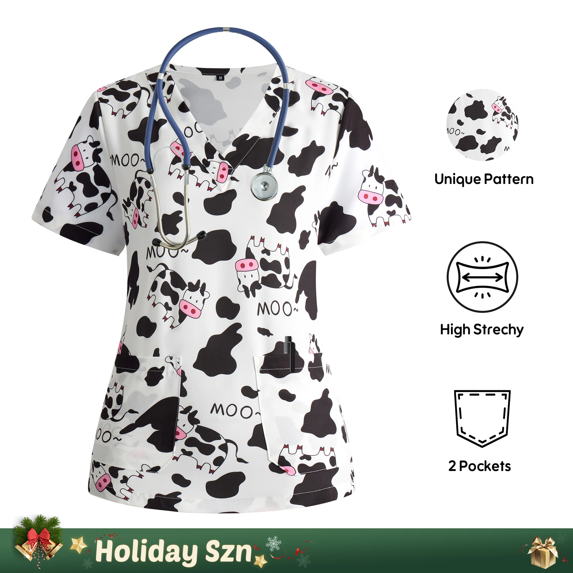 【Divertimento】 T-shirt da donna con stampa di mucca bianca e nera per cartoni animati chirurgici per infermiere, animali domestici, ospedale, abbigliamento da lavoro medico