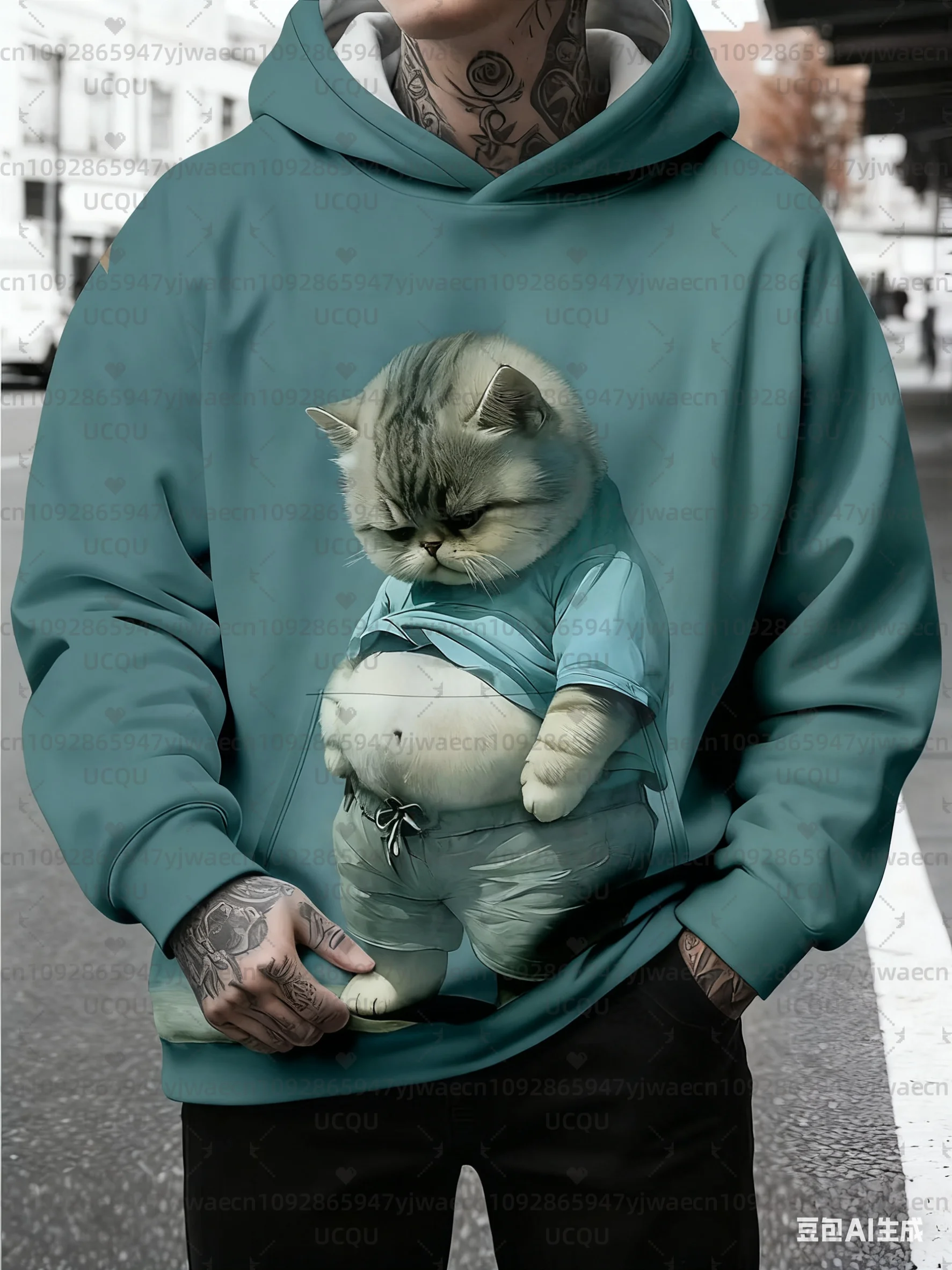Men'S Funny Angry Cat Graphic Sweatshirt Black Casual Pullover Fall/Winter Outdoor Activities Women's Hoodies