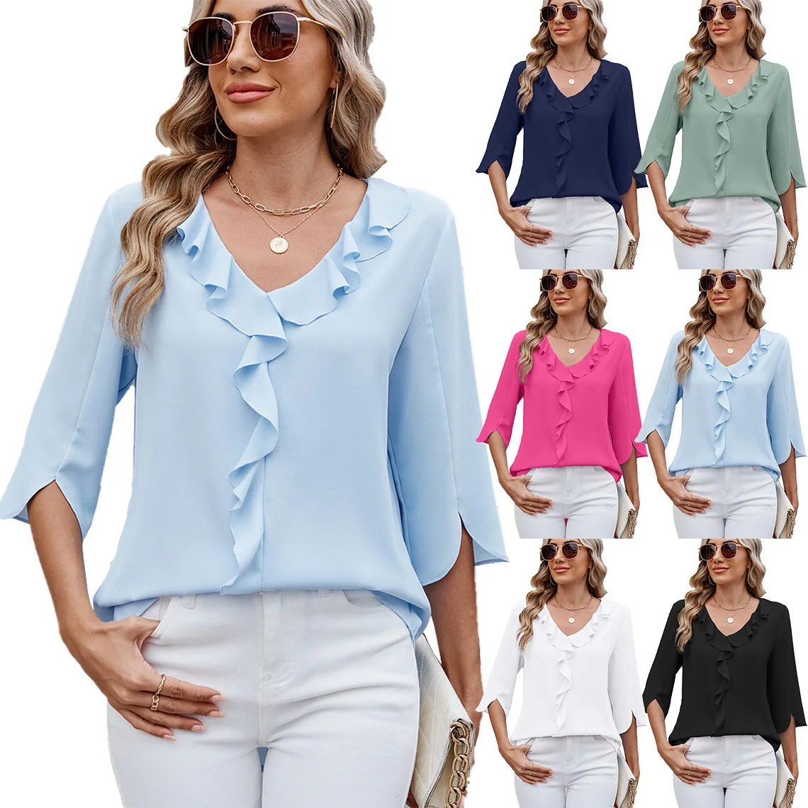

Modern Style Women's V-neck Shirt Blouse Loose Fit Beautiful Lace Casual Spring Fashion Top Elegant Female Loose Blouse