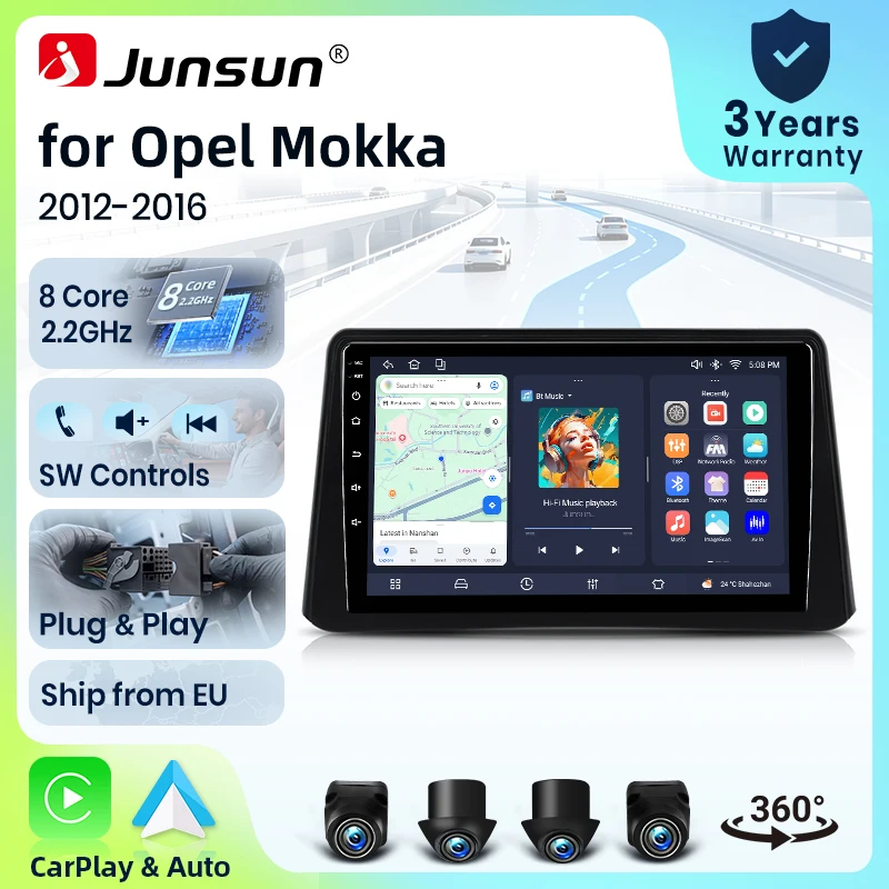 Autoradio Junsun 8 cœurs 4G WiFi pour Opel Mokka 2012 2013 2014 2015 2016 avec écran IPS, CarPlay, Android Auto, GPS, Navi, stéréo, SWC, BT, FM, AM, RDS, DSP, 2Din, Mirror Link, lecteur multimédia, commande vocale IA, caméra 360, mise à jour OTA en option, unité principale