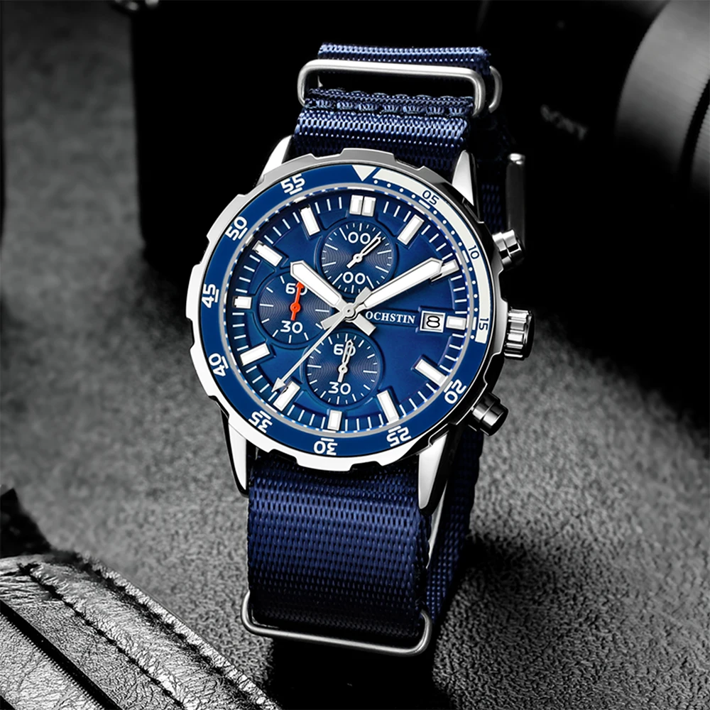 OCHSTIN Men Watch Pilot Chronograph Military Slip-thru NATO Nylon Strap Male Sports Army Wristwatch Stopwatch Automatic Date