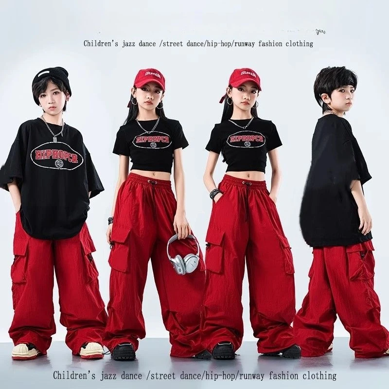 

girl boy Jazz hip hop Street Dance clothes set t-shirt+cargo pants 2 junior kid top wide-leg pants sport suit teen child outfits