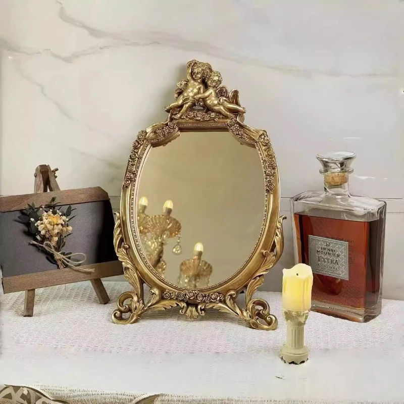 

European Vanity Mirror with Golden Frame, HD Makeup Mirror for Dressing Table, Living Room Decor, Photo Studio Prop Home Accen