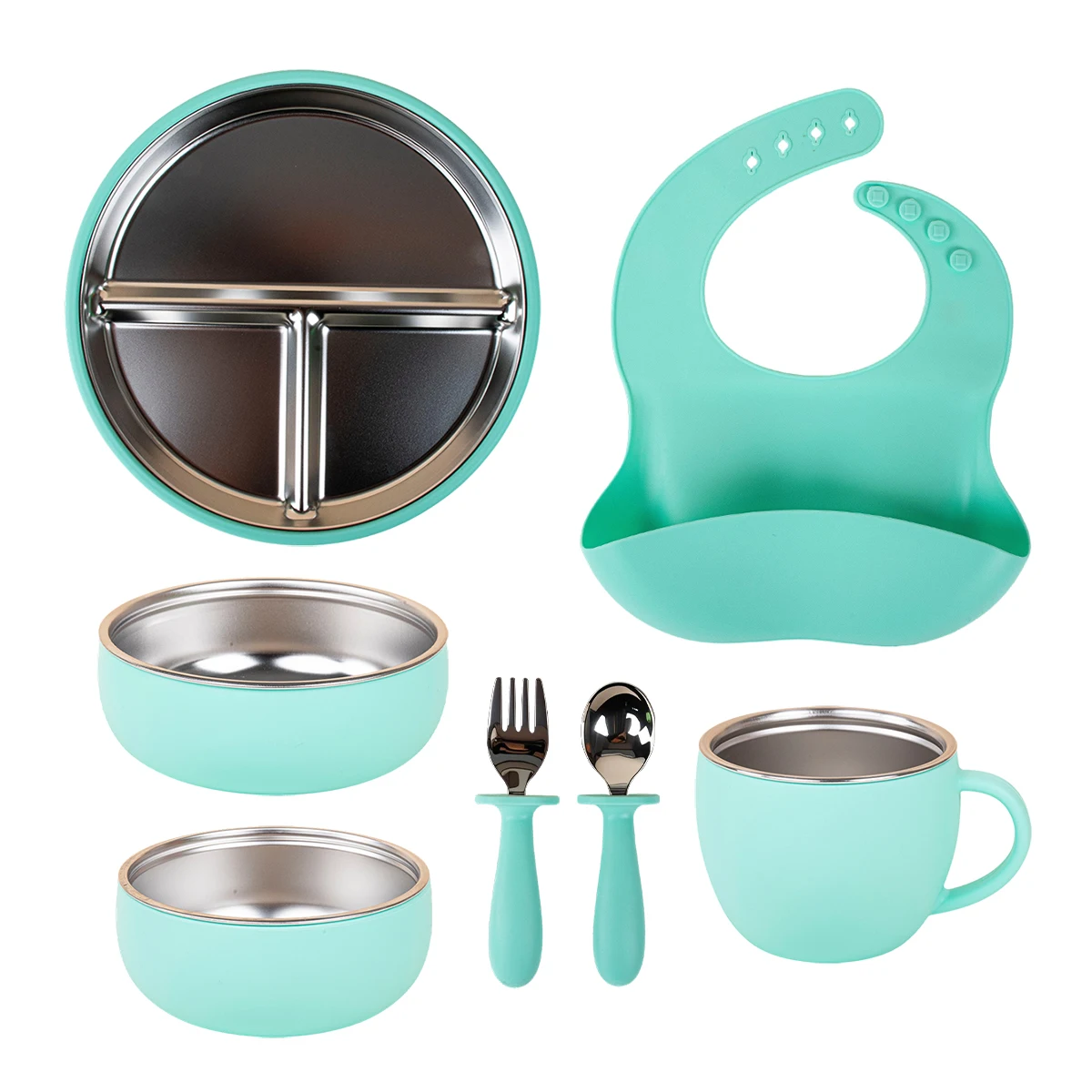 set-da-sette-pezzi-in-acciaio-inossidabile-per-bambini-piatto-diviso-con-bordo-in-silicone-per-alimenti-ciotola-cucchiaio-tazza-bavaglino