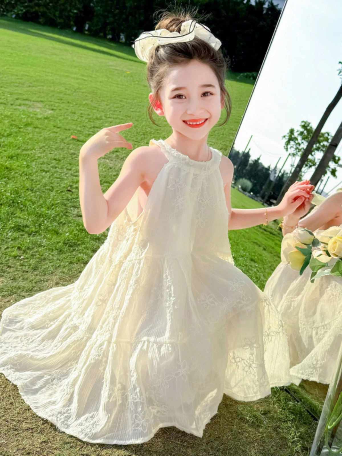 

Stylish Summer Neck Hanging Dress for Little Girls Beachwear Princess Skirt Sleeveless Polyester Fabric Pure Color Design