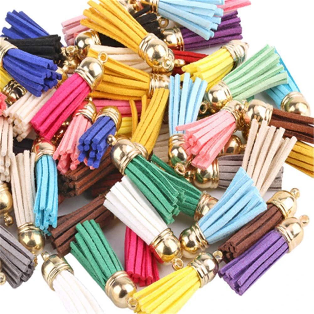 30pcs Gold Cap Suede Faux Leather Tassel for Jewelry Making Keychain Cellphone Straps Pendant Charms DIY Handmade Craft Findings