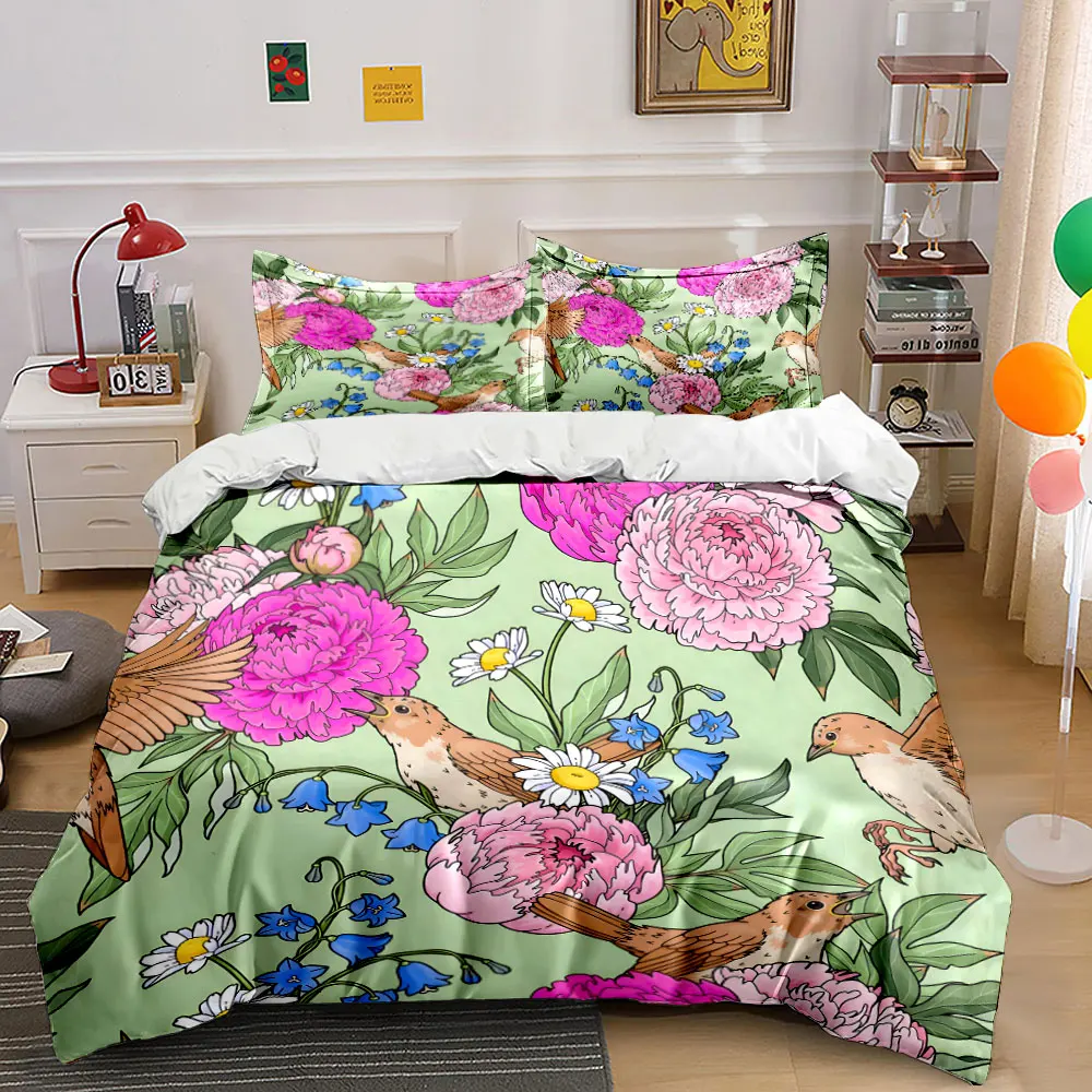 Pink peonies and birds in floral Pattern Duvet Cover Set Digital Print Colorful Polyester Bedding with Zipper Closur for gifts