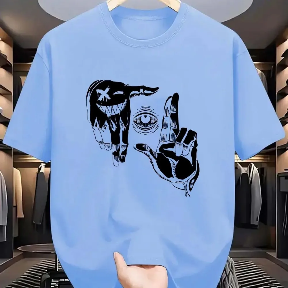 تي شيرت رجالي صيفي من البوليستر موديل 2025 برقبة دائرية قابل للتنفس مع نمط شخصي للعين الإيماءات مطبوع في الهواء الطلق