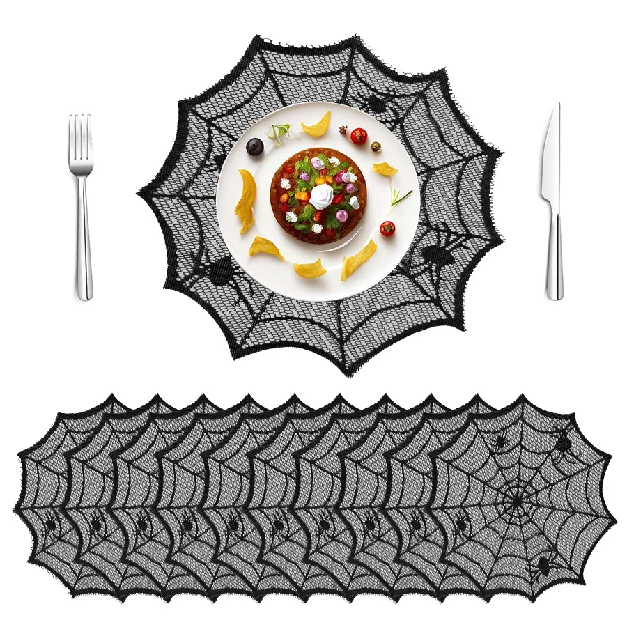 4 Stück Halloween-Spinnennetz-Tischsets aus schwarzer Spitze, Halloween-Party, Heimtischdekoration, Polyester-Untersetzer für Tassen und Teller, Tischdecke