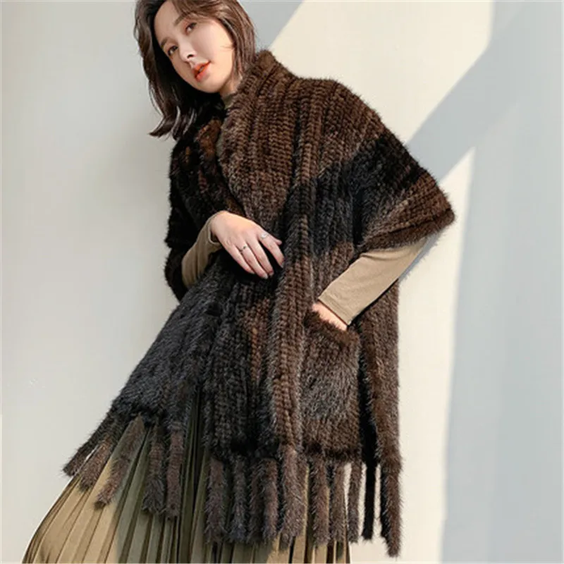 

Women's Winter Natural Mink Fur Shawl Knit Scarf Fashionble Warmth 100% Genuine Mink Fur Tassel Scarf Long Style Large