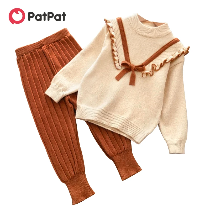 

PatPat 2pcs Toddler Girl Sweet Ruffled Bowknot Design Sweater and Ribbed Pants Set