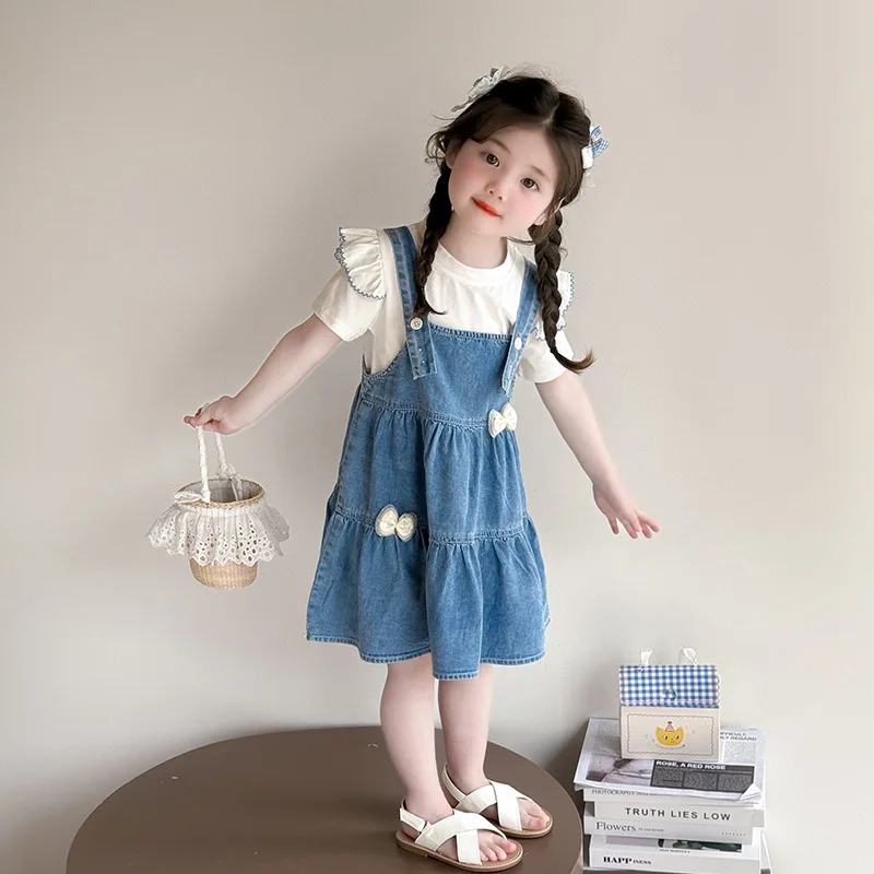 

Girls Denim Strap Skirt Set 2025 Summer New Foreign Style Cute Children's Short-sleeved T-shirt Baby Girl Summer Dress