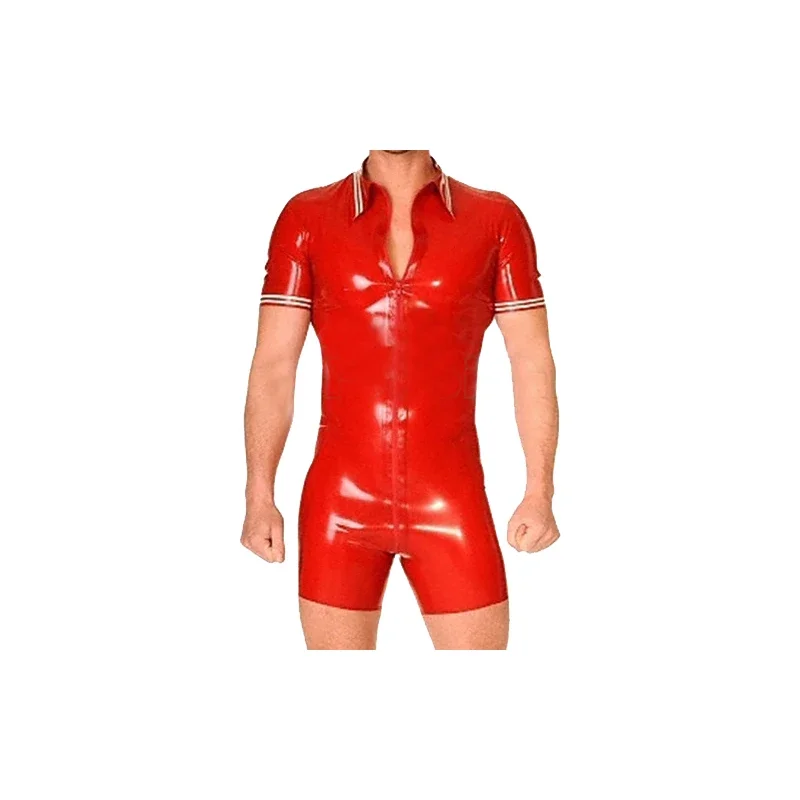 

Latex Rubber Men Sport Red and White One-Piece Garment Shirt Top Pant Suit 0.4mm XS-XXL