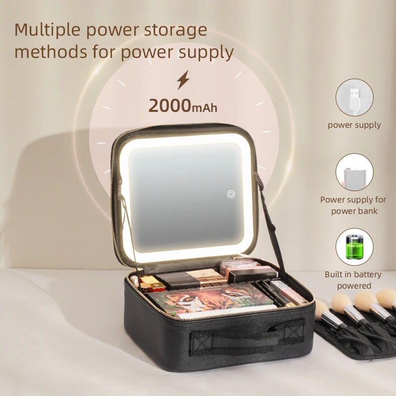 Makeup Travel Train Case with LED Lighted Mirror, 3 Color Adjust Settings, Travel Makeup Bag With Adjustable Dividers,