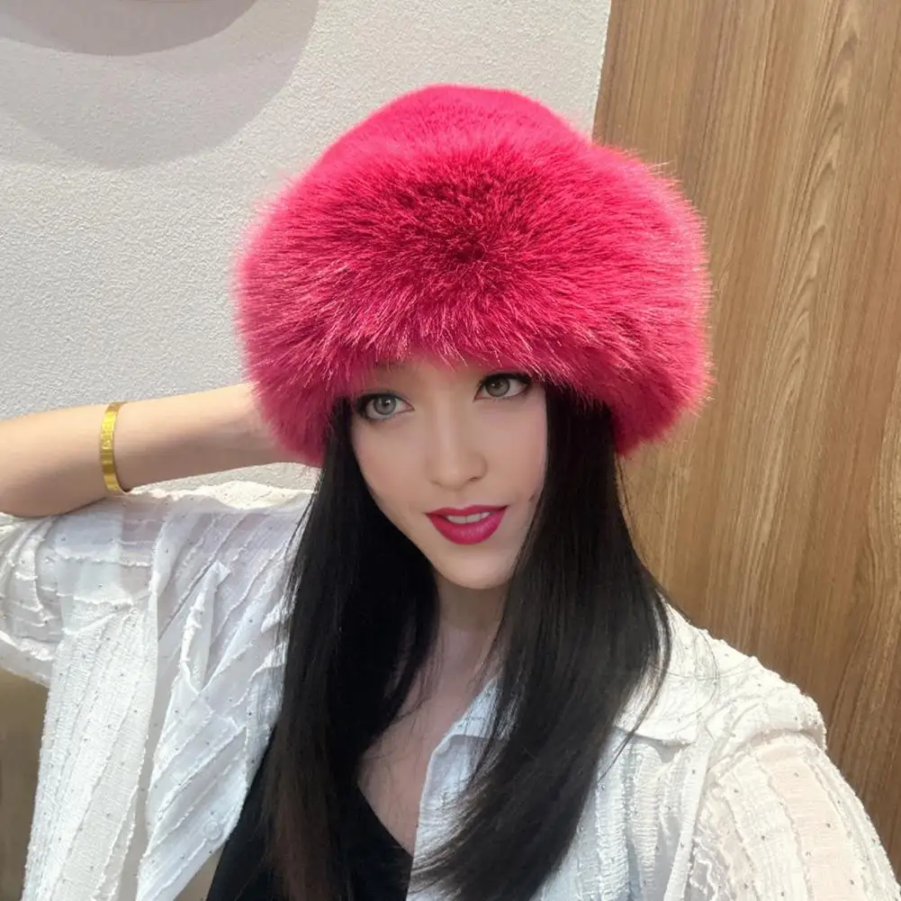 Women Winter Hat Plush Faux Fur Heat Retention Windproof Beanie Mongolia Style Bucket Hat Outdoor Cycling Skiing Panama Cap