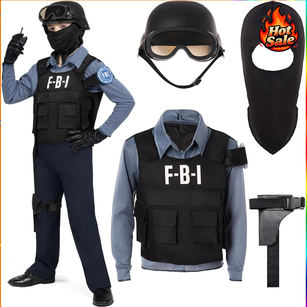 

Bullet Proof Vest Costume Set 5 Pieces Kids FBI Agent Role For Play SWAT Team Uniform Halloween Party Dress Up Outfit Childrens