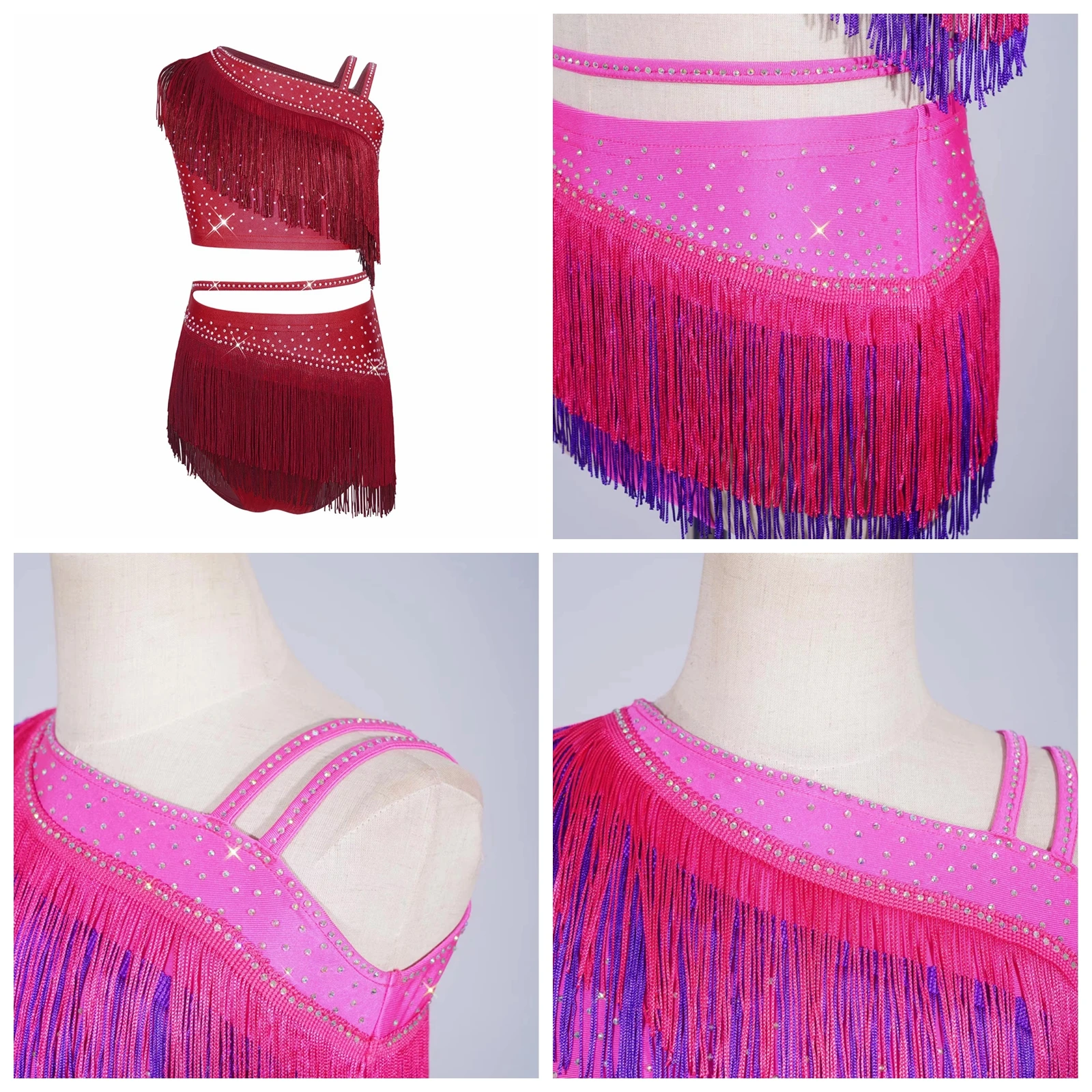 Children Ballroom Latin Dance Costume Kids Rumba Girls Fringed Rhinestone Crop Top Skirt Outfit for Cha-cha Tango Performance