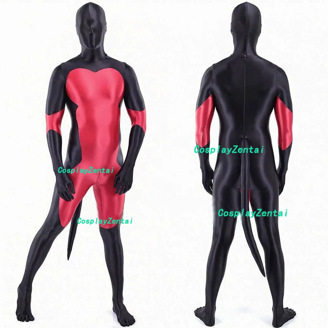 

Red and Black Shiny Bright Smooth Cosplay High Quality Spandex Zentai Bodysuit Halloween costumes Woman/Men Zentai Suit withTail