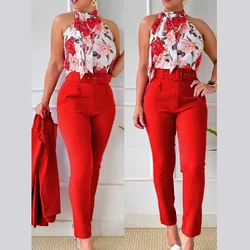 Women Party Outfits Satin Lace Up Halter Sleeveless Print Top And Pencil Pants Office Lady Suits Elegant Slim Fit Two Piece Set