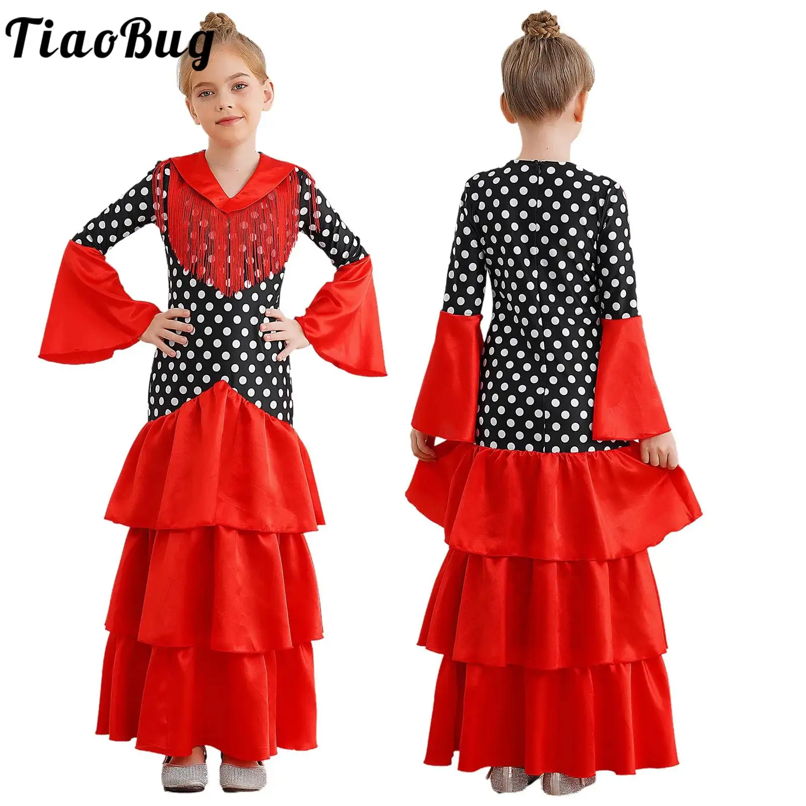Elegancki strój do występów flamenco dla dzieci, sukienka flamenco hiszpańska dla dziewczynki, rozkloszowane rękawy, falbany, folklorowy kostium meksykański w stylu bydlęcym.