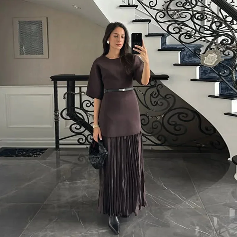 MUJER Pleated Knitted Long Dresses for Women Short Sleeve Maxi Dress Woman Vintage Party Womens Dresses Patchwork Women's Dress - Image 5