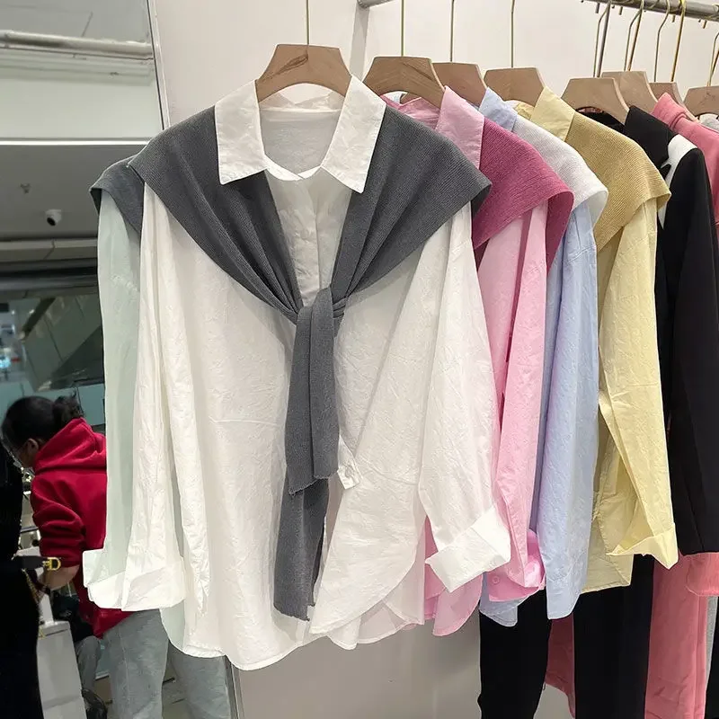 DAYIFUN Women Fake Two-piece Shirts Solid Fashion Style Oversize Casual Blusas Lapel Buttons Asymmetrical Long Sleeve Blouses