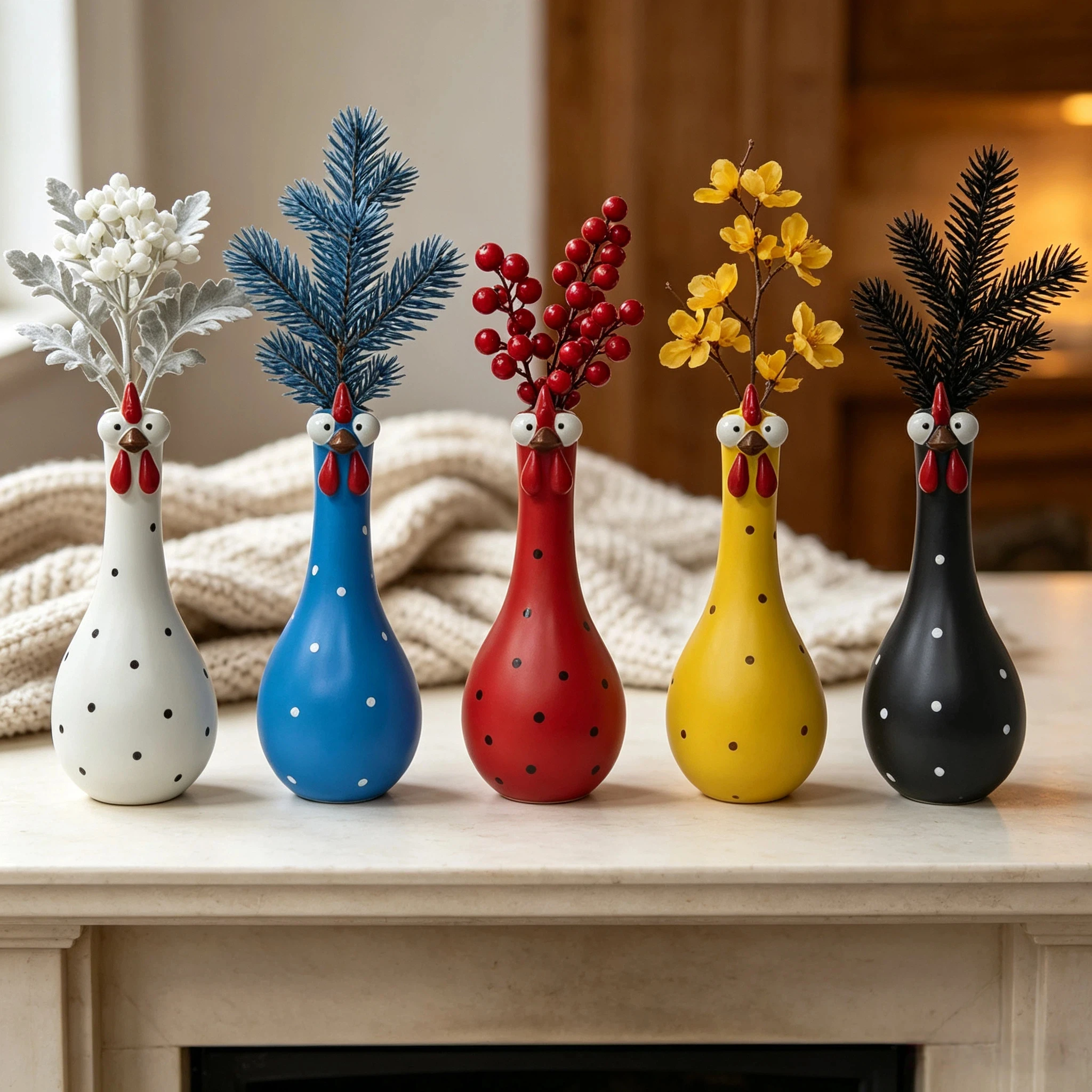 Quirky Long-Necked Polka-Dot Chick Vase Ornament, Decorative Piece for Kitchen Windowsill and Countertop, Display Piece for Living Room Entryway and Storage Cabinet, Farmhouse-Style Home Decor Artwork, Multi-Colored Re
