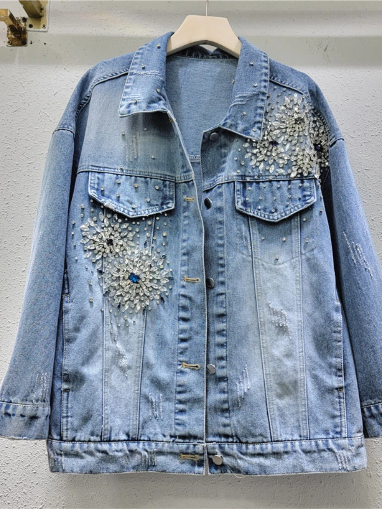 Heavy Industry Beads Diamond-Embedded Denim Coat Female 2024 Spring Autumn Street Style Loose Long Sleeve Denim Jacket Women