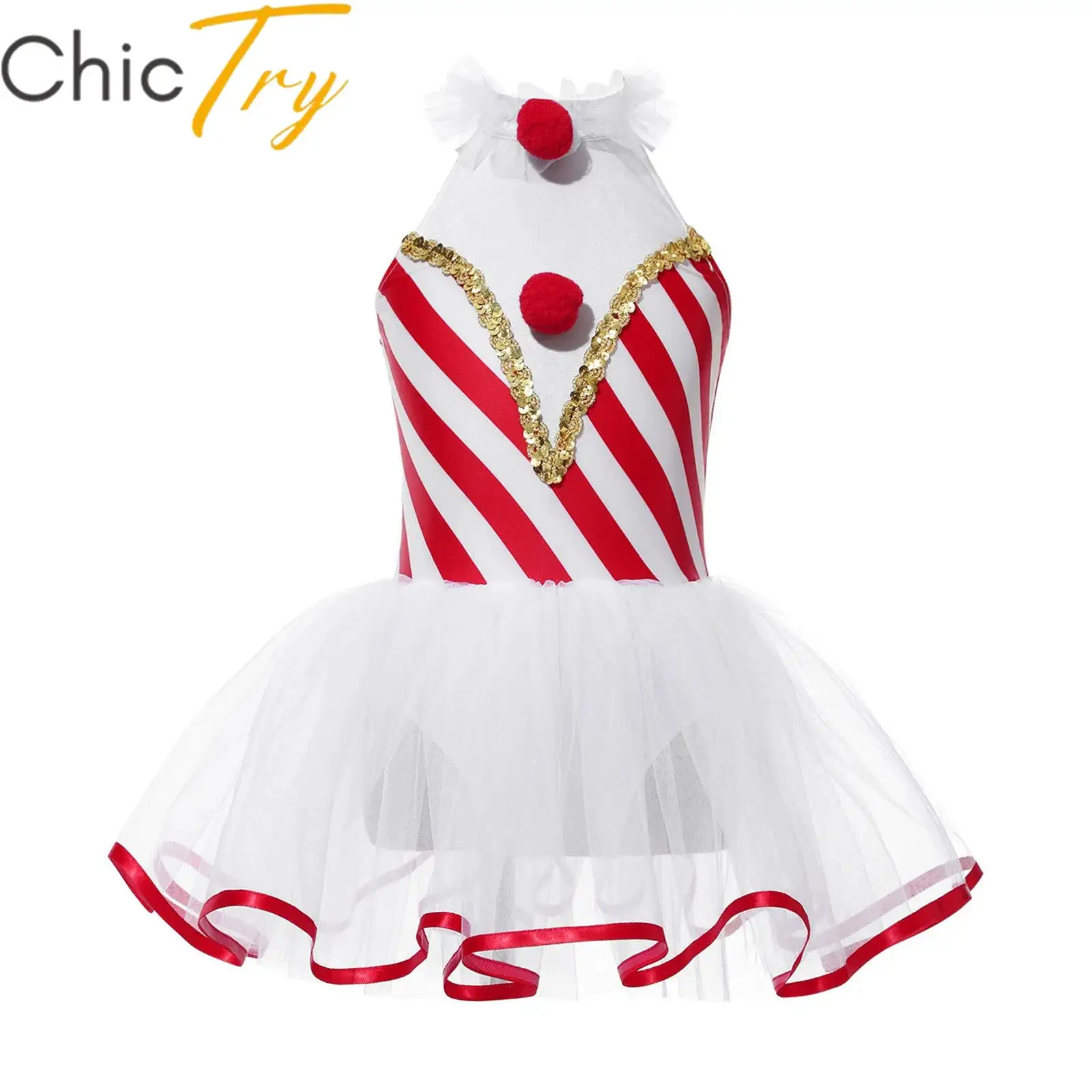 

Children Girls Christmas Dance Dress Xmas New Year Santa Clause Costume Sleeveless Striped Print Candy Cane Ballet Tutu Dance