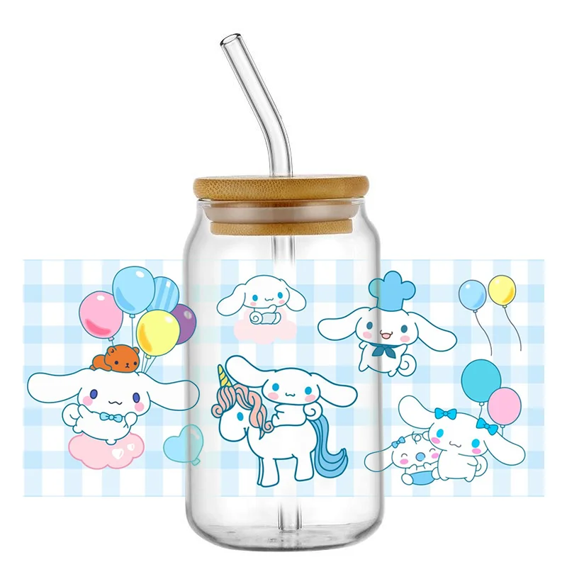 Miniso bonito bebê cinnamoroll 28 pçs padrão 3d dos desenhos animados uv dtf transferência adesivo decalques à prova dwaterproof água para 16oz copo de vidro envoltório adesivos