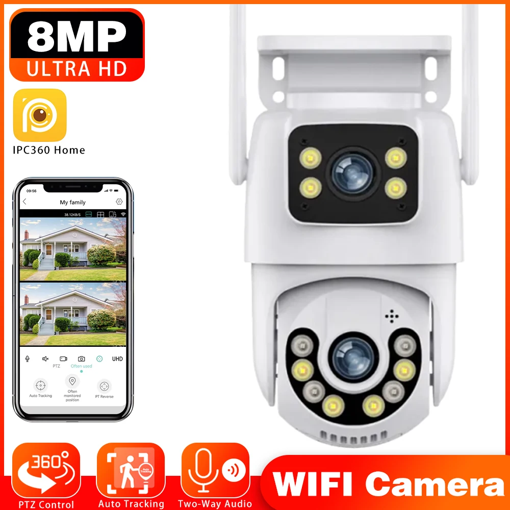 8MP IPC360 المنزل واي فاي كاميرا IP عدسة مزدوجة 2 شاشة PTZ اتجاهين الصوت اللون للرؤية الليلية في الهواء الطلق CCTV كاميرا مراقبة لا سلكية