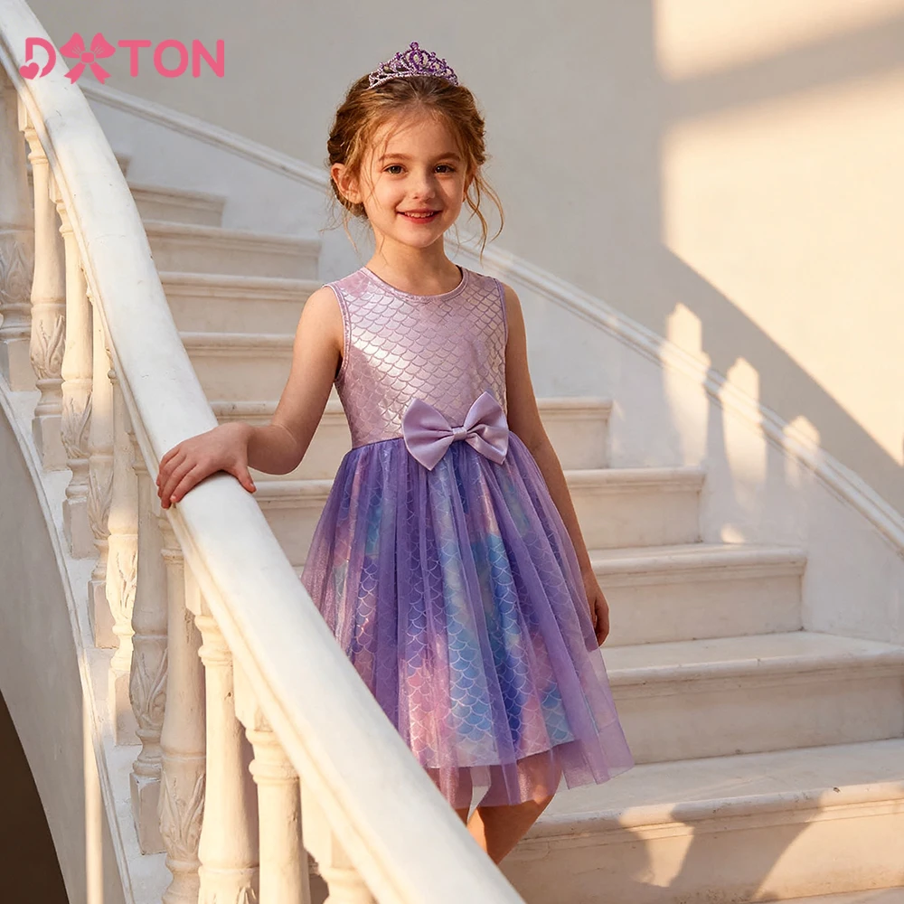 DXTON Princess Bow Dresses Children Birthday Party Girls Elegant Costumes Baby Toddler Mesh Dress Kids Summer Sleeveless Clothes